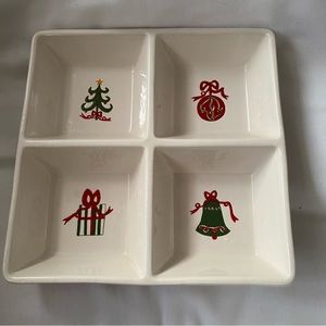 BIA 4 Section Ceramic Christmas Serving Dish Present Tree Ornament Bell NWOT